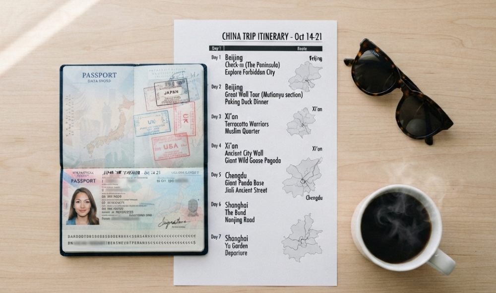 Pasaporte de viajero junto con itinerario de Destino China. Café listo para revisar la documentación