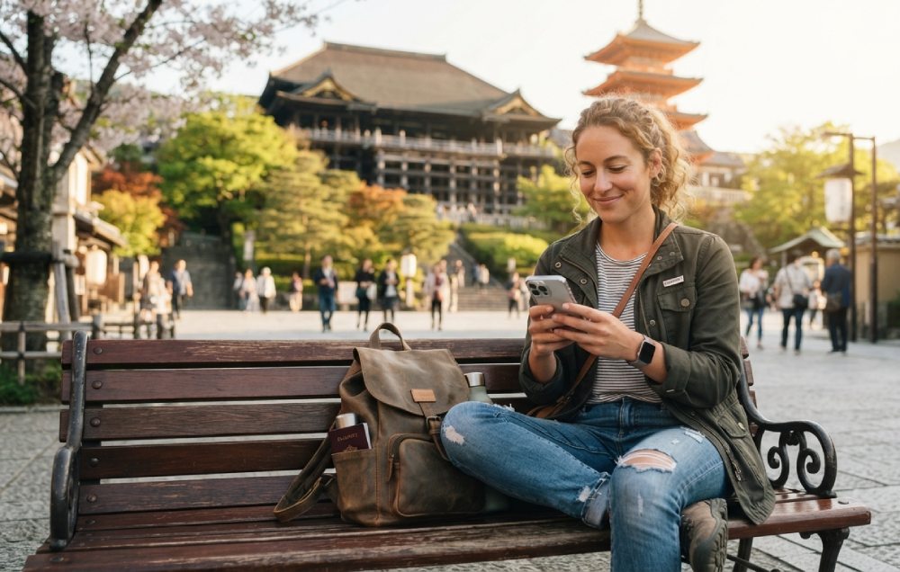 Viajero conectado a internet usando apps durante su aventura en China.
